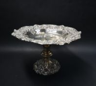 A late Victorian silver pedestal dish, the border embossed with scrolls, flowerheads and leaves,