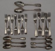 A set of five Victorian silver fiddle and thread pattern table forks, London, 1860, Chawner and Co.