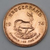 South Africa - A 1974 Krugerrand, 1 oz. fine gold (.999). Obv: Bust of Paul Kruger left.