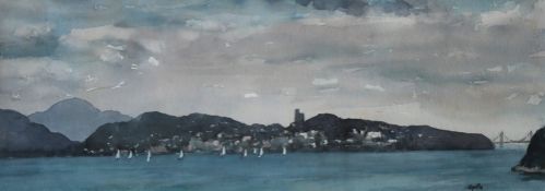 Gyrth Russell Menai Straits Watercolour Signed Inscribed verso 26 x 73cm