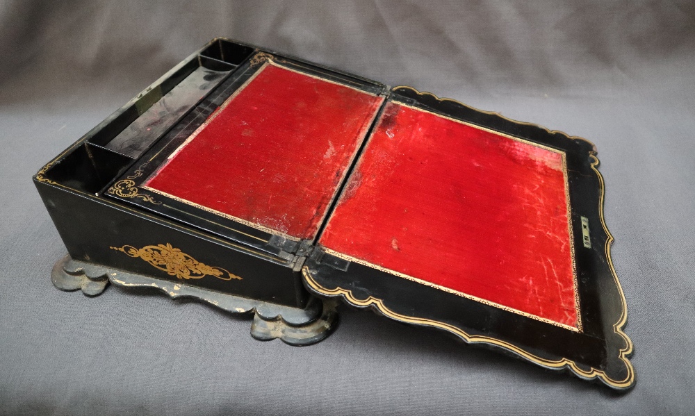 A Victorian papier mache writing slope, inlaid with mother of pearl and gilt decorated leaves, - Image 7 of 13