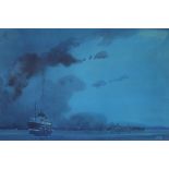 Leslie Carr (1891-1969) A steam ocean going liner at night with a ship and coastline in the
