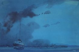 Leslie Carr (1891-1969) A steam ocean going liner at night with a ship and coastline in the