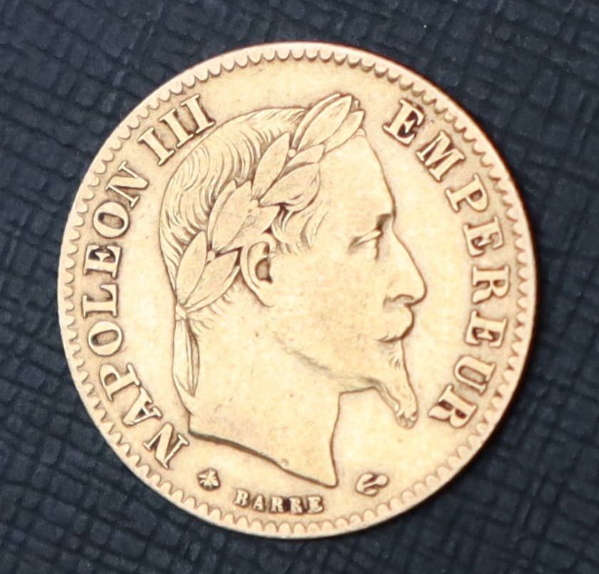 A Napoleon III gold 10 Francs coin,