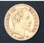 A Napoleon III gold 10 Francs coin,