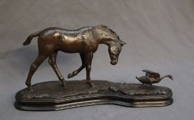 Philip Blacker A foal chasing a duck Bronze Initialled and dated '94 On a shaped wooden base 39cm