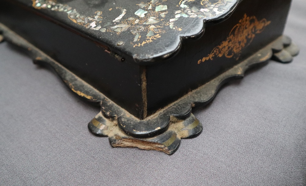 A Victorian papier mache writing slope, inlaid with mother of pearl and gilt decorated leaves, - Image 13 of 13