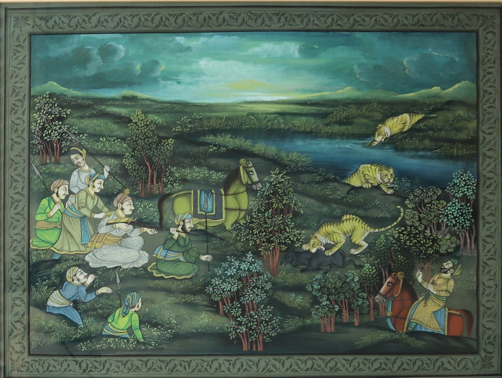 Indian School Figures hunting tigers Watercolour on silk 40.5 x 54. - Image 2 of 4