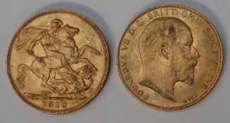 Two Edward VII gold sovereigns,