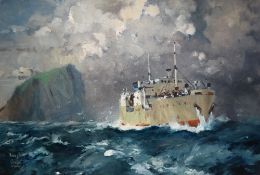 Leslie Carr (1891-1969) A battle ship at sea Oil on board (unframed) Signed 26.