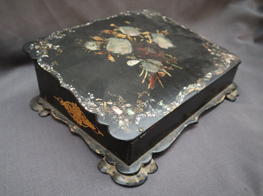 A Victorian papier mache writing slope, inlaid with mother of pearl and gilt decorated leaves, - Image 3 of 13