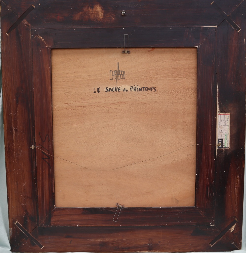 Pierre Chevassu Le sacre du printemps Oil on board Signed Inscribed verso 54 x 49cm - Image 6 of 6