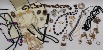 Two pearl and hardstone necklaces together with assorted costume jewellery including necklaces,