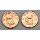 South Africa - Two 1974 Krugerrands, each 1 oz. fine gold (.999). Obv: Bust of Paul Kruger left.