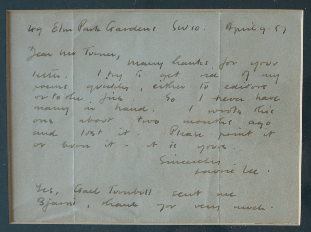 Laurie Lee Three hand written letter / note cards, Dated April 9 '57, - Image 3 of 4