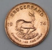 South Africa - A 1974 Krugerrand, 1 oz. fine gold (.999). Obv: Bust of Paul Kruger left.