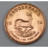 South Africa - A 1974 Krugerrand, 1 oz. fine gold (.999). Obv: Bust of Paul Kruger left.