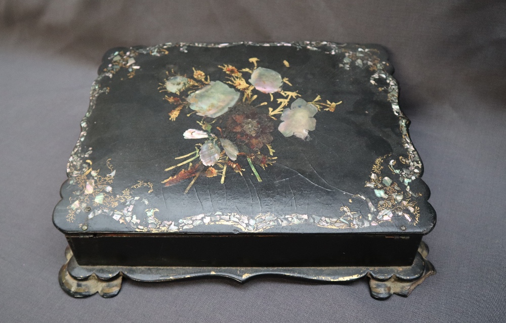 A Victorian papier mache writing slope, inlaid with mother of pearl and gilt decorated leaves, - Image 2 of 13