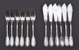 A French white metal fish set, fiddle and wreath pattern comprising six knives and forks,