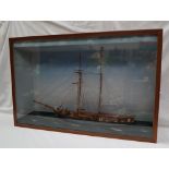 A ship's diorama of the Ellen Anne, masted ship on a choppy sea, cased, 69cm wide x 50.