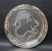 A Chinese silver tray of circular form, with a raised bamboo border,