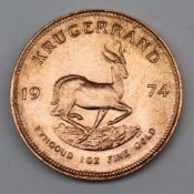 South Africa - A 1974 Krugerrand, 1 oz. fine gold (.999). Obv: Bust of Paul Kruger left.