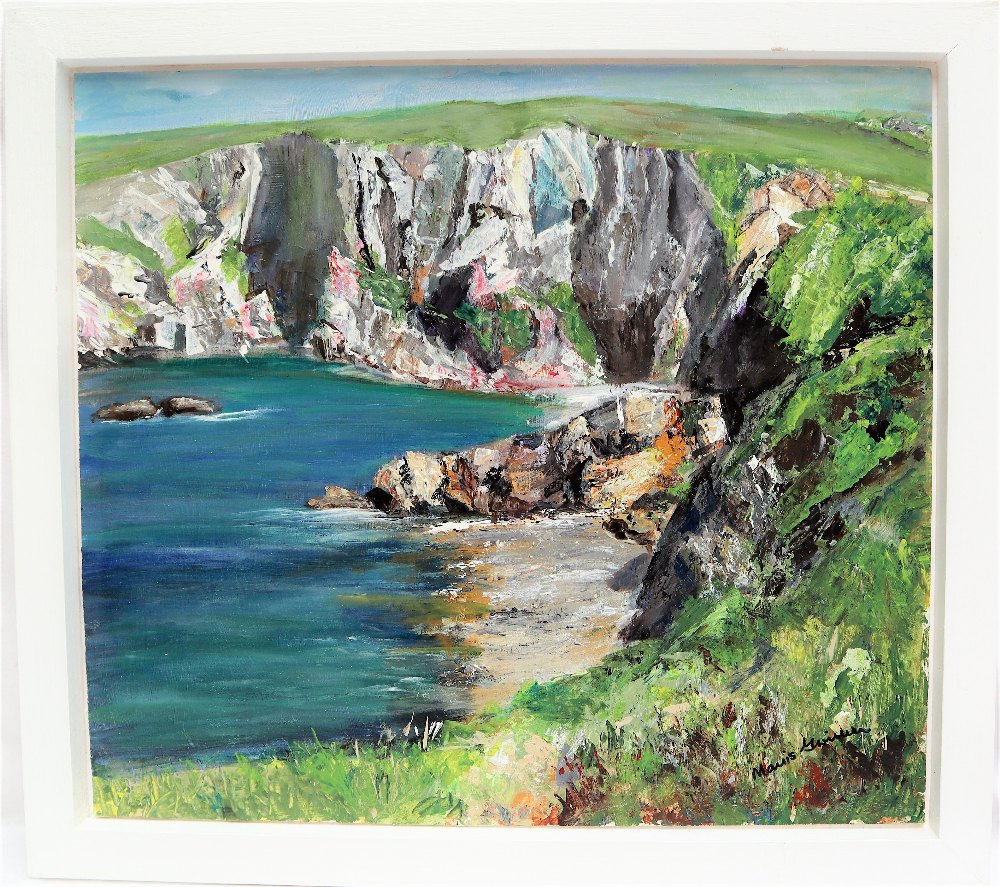 Mavis Gwilliam From the Coastal Path, Rhoscolyn Oil on board Signed and inscribed verso 41 x 45. - Image 3 of 4