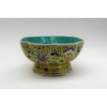 A Chinese famille jaune porcelain pedestal bowl,