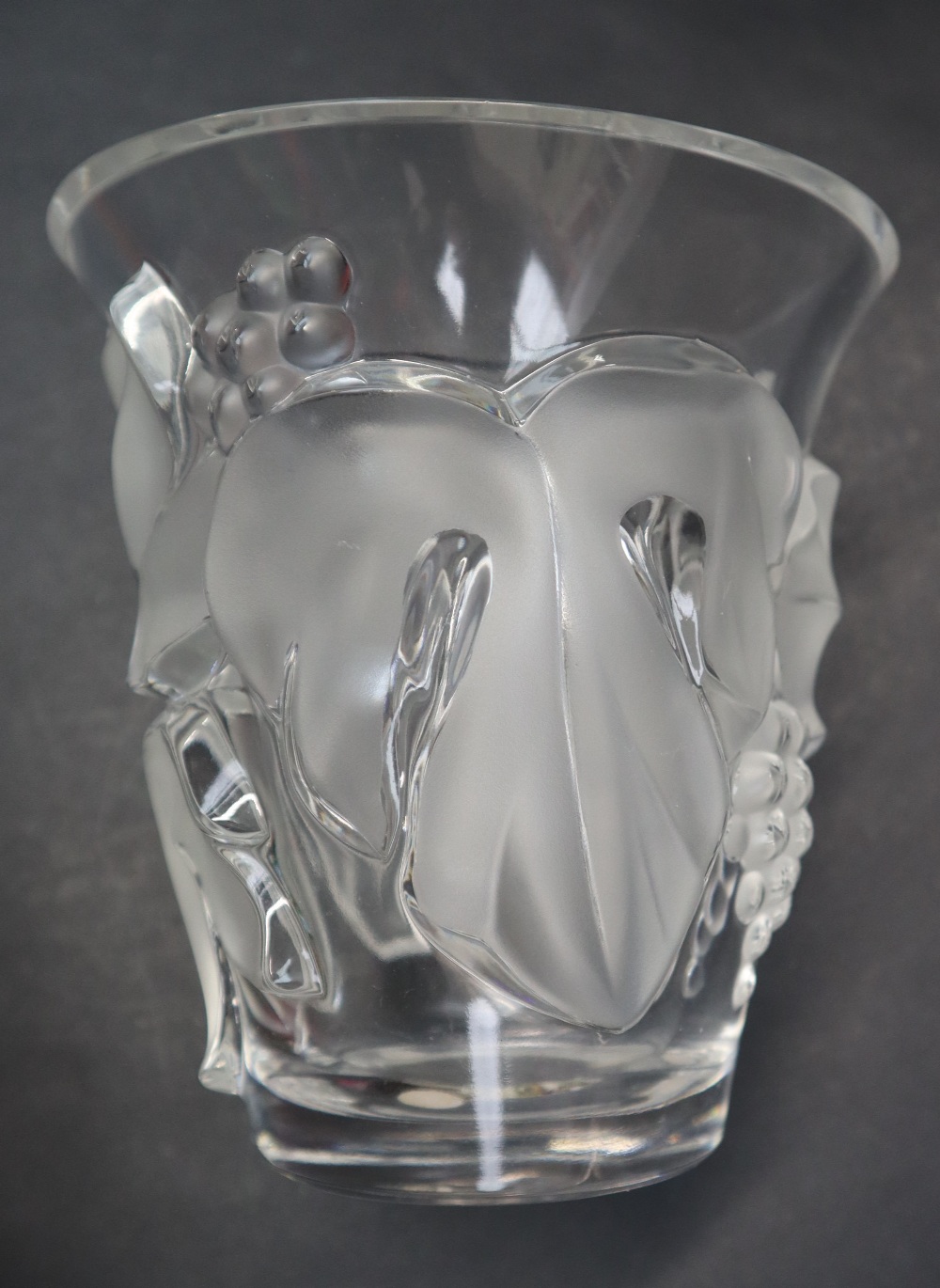 A Lalique glass vase, of flared tapering form, decorated with grapes and leaves, incised "Lalique, - Image 3 of 7