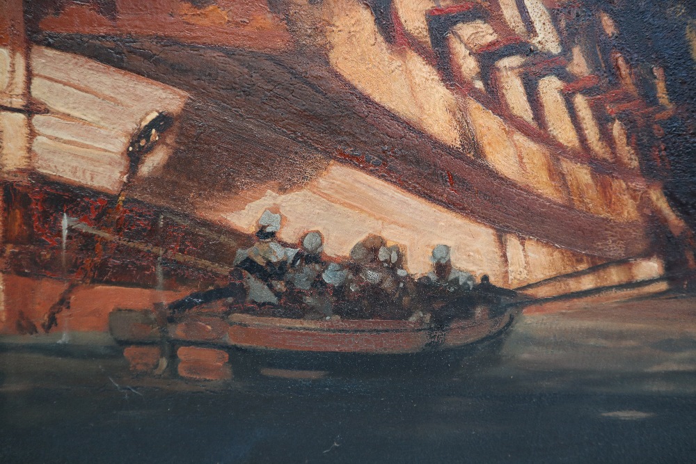 Leslie Carr (1891-1969) Old Southampton War ships and other boats in the harbour Oil on - Image 6 of 8