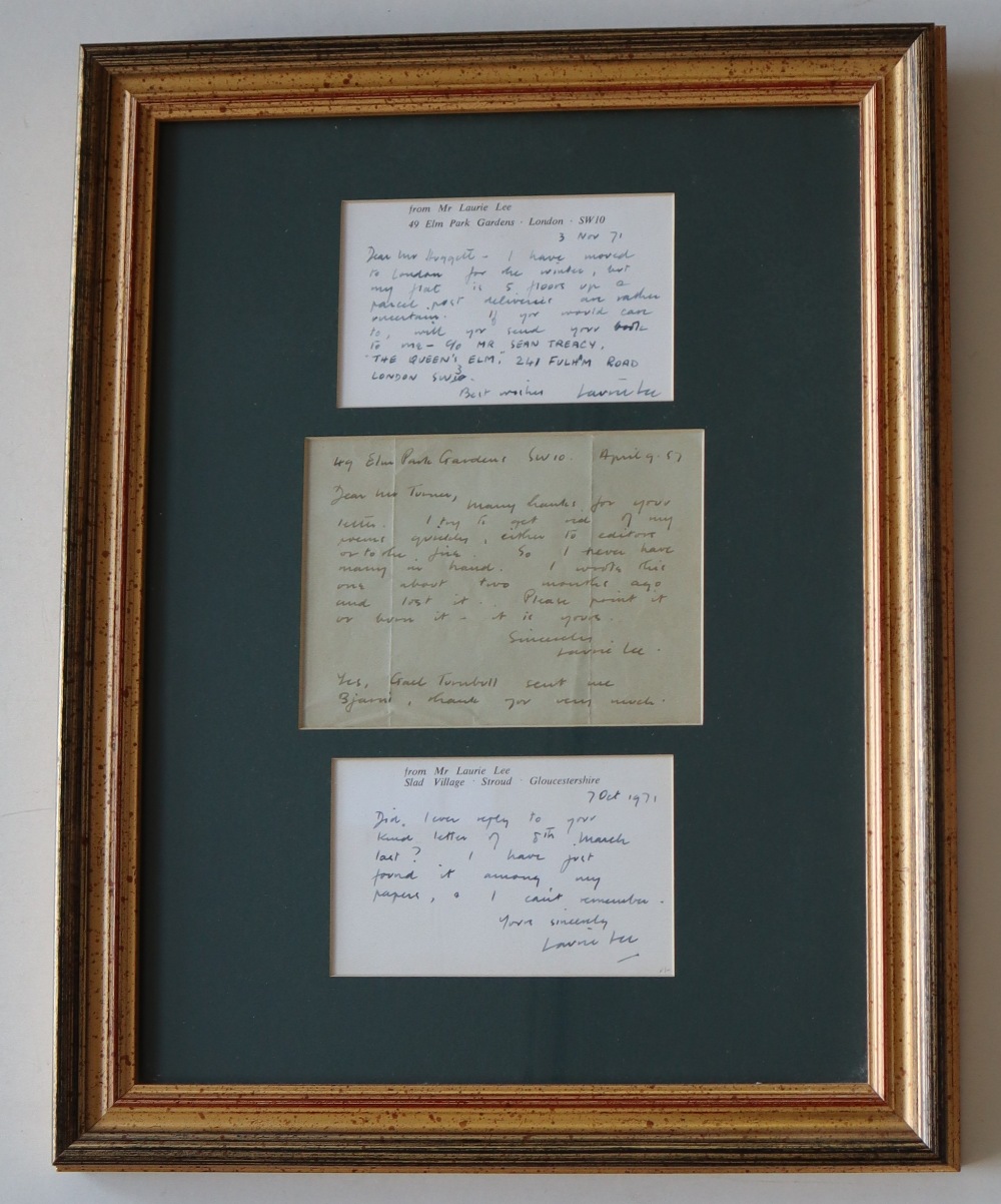 Laurie Lee Three hand written letter / note cards, Dated April 9 '57,