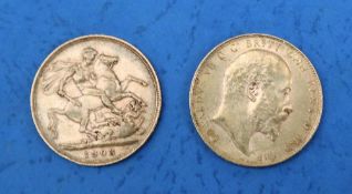 Two Edward VII gold sovereigns,