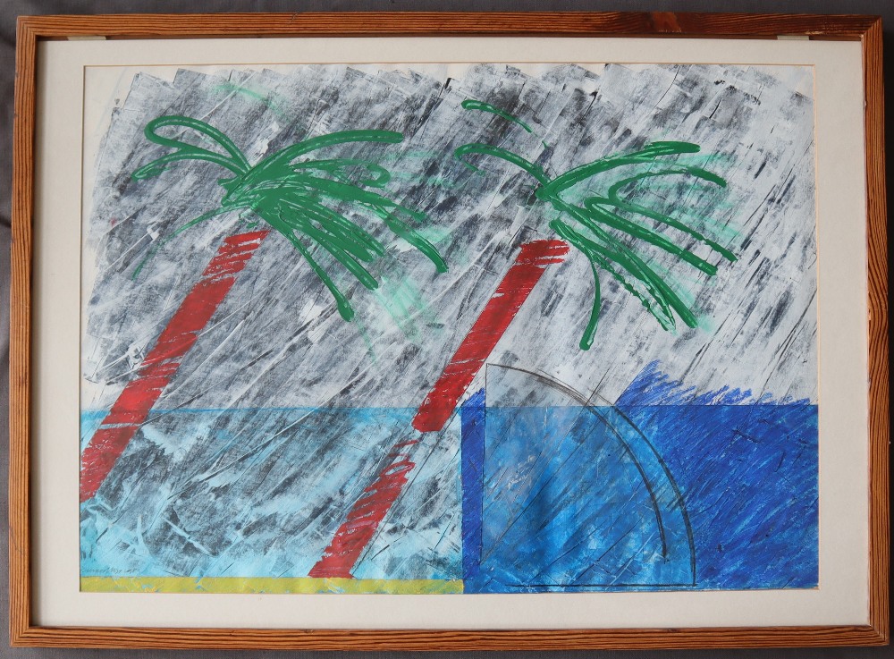 Richard Cox Windy Day on Venice Beach 1983 Watercolour Signed Label verso 62 x 87cm - Image 2 of 3