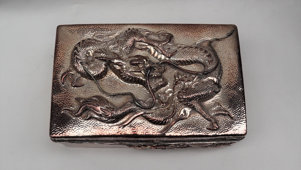 A Chinese silver cigarette case, the top decorated with a dragon and initialled, marked 90, - Image 6 of 15