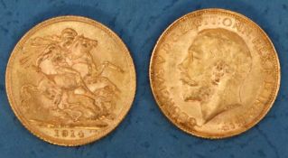 Two George V gold sovereigns,