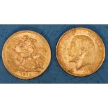 Two George V gold sovereigns,