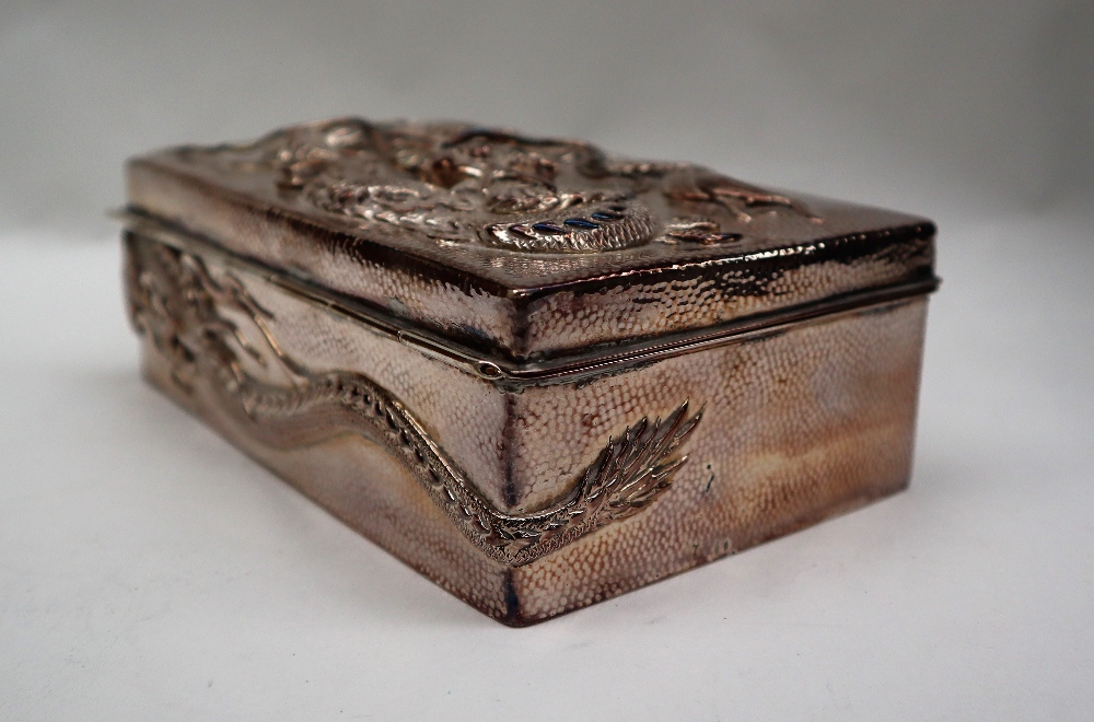 A Chinese silver cigarette case, the top decorated with a dragon and initialled, marked 90, - Image 12 of 15