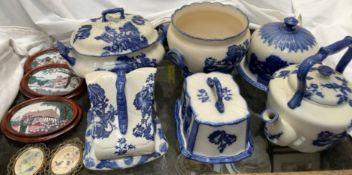 Assorted Blakeney blue and white pottery including a kettle, cheese dishes and covers, jardiniere,