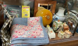 A quilt together with a hand bag, Arthur Wood wall pocket, cottageware part tea set,