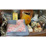 A quilt together with a hand bag, Arthur Wood wall pocket, cottageware part tea set,