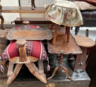 A Turkish stool with an upholstered seat together with a Chinese hardwood twin handled tray,