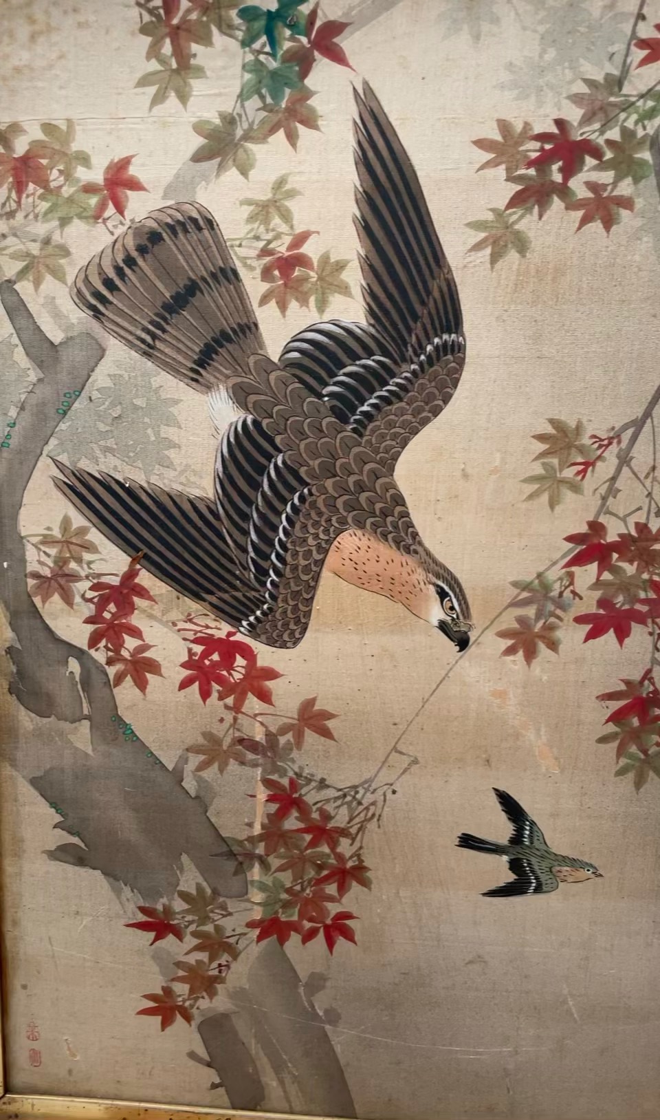 A set of three Japanese watercolours on silk depicting birds together with a print - Image 3 of 4