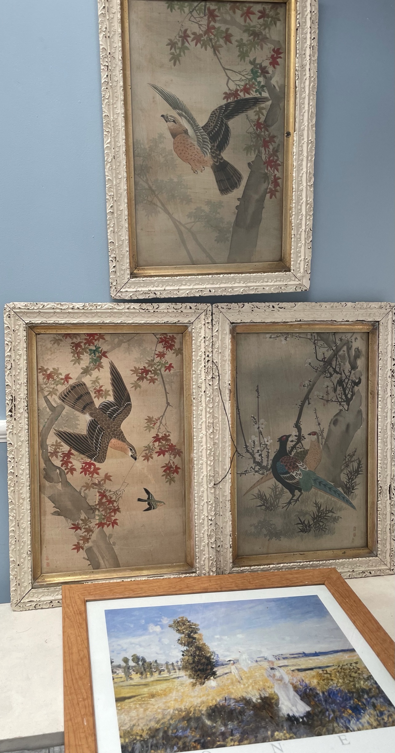 A set of three Japanese watercolours on silk depicting birds together with a print