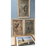 A set of three Japanese watercolours on silk depicting birds together with a print