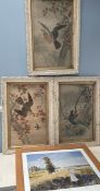 A set of three Japanese watercolours on silk depicting birds together with a print