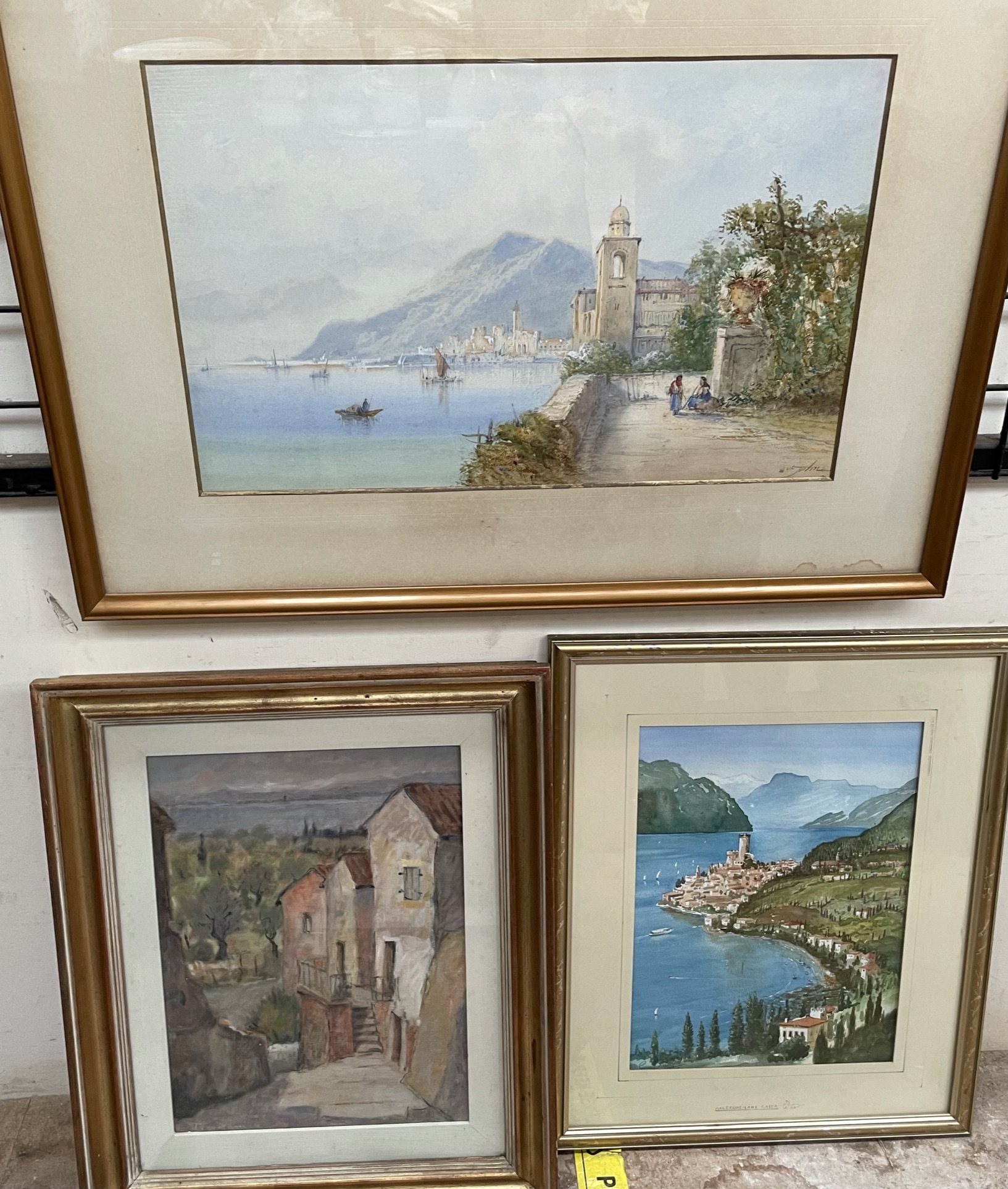 E St Johns An Italian harbour scene Watercolour Signed Together with a watercolour of Lake Garda