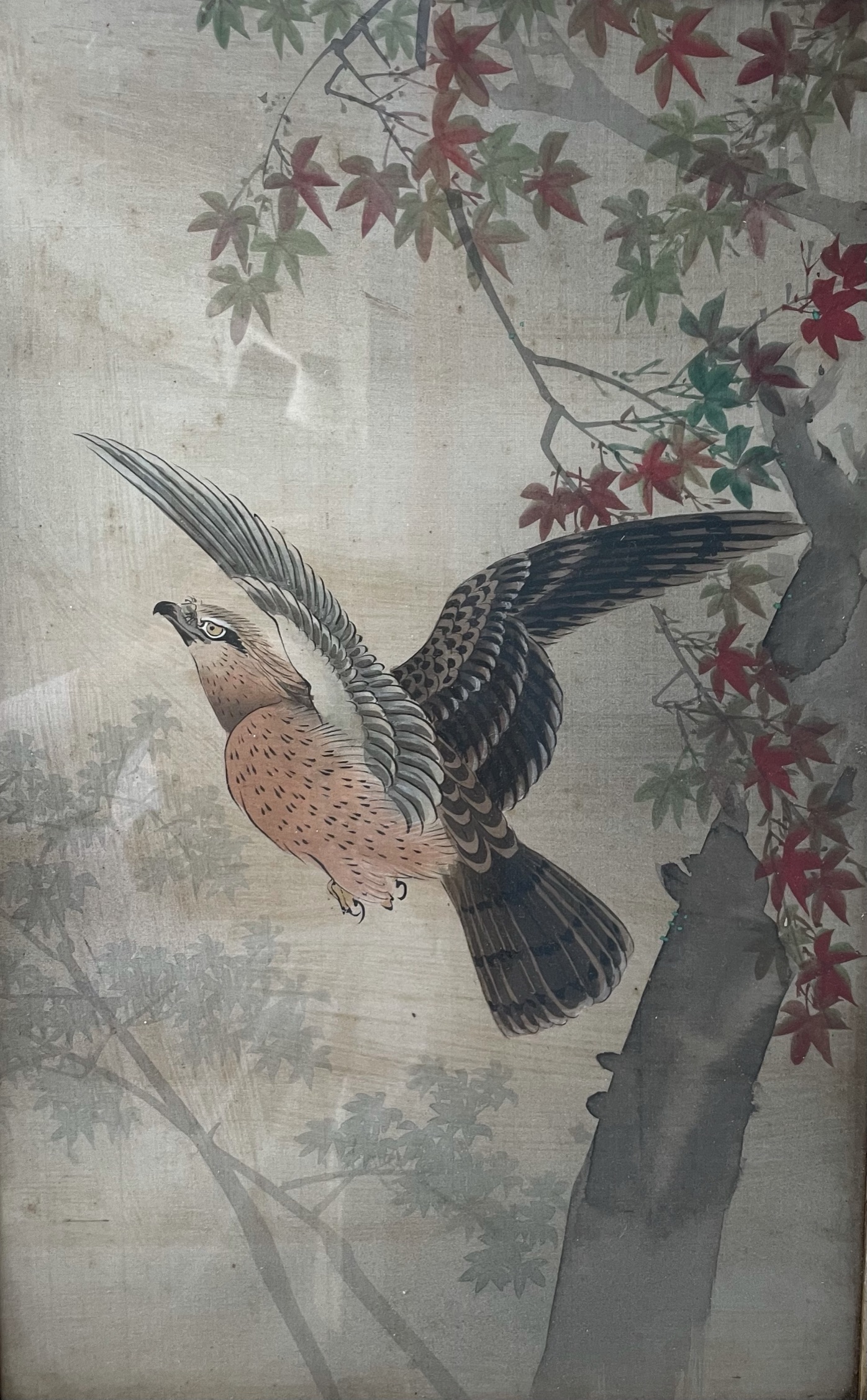 A set of three Japanese watercolours on silk depicting birds together with a print - Image 2 of 4