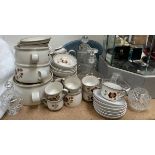 A Denby stoneware part tea and dinner set together with glass decanters,