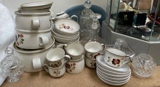 A Denby stoneware part tea and dinner set together with glass decanters,