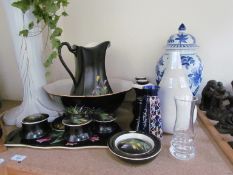 A dressing table set together with a jardiniere on a stand, vases,